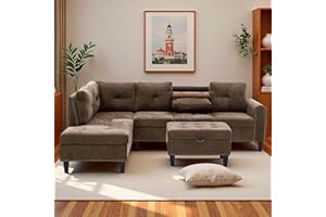 Trygoal L-Shaped Sectional Sofa with Movable Chaise & Storage Ottoman, Lounge 3-Piece Modular Convertible Couches for Living Room, Apartment & Office, Brown