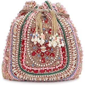 LONGING TO BUY Beaded Potli Bag for Women, Multicolor, Drawstring Wristlet with Pearl Fringe, Potli Bag for Wedding 9x9 Inch