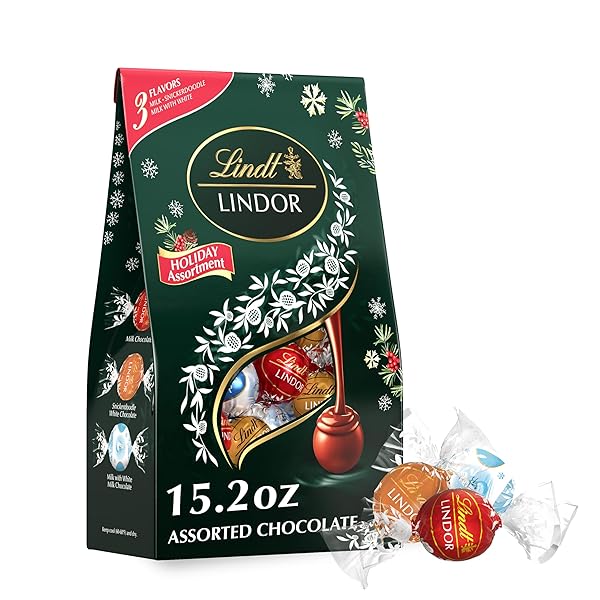 LINDT LINDOR HOLIDAY ASSORTED CHOCOLATE CANDY TRUFFLES WITH SMOOTH, MELTING TRUFFLE CENTER, 15.2 OZ. BAG