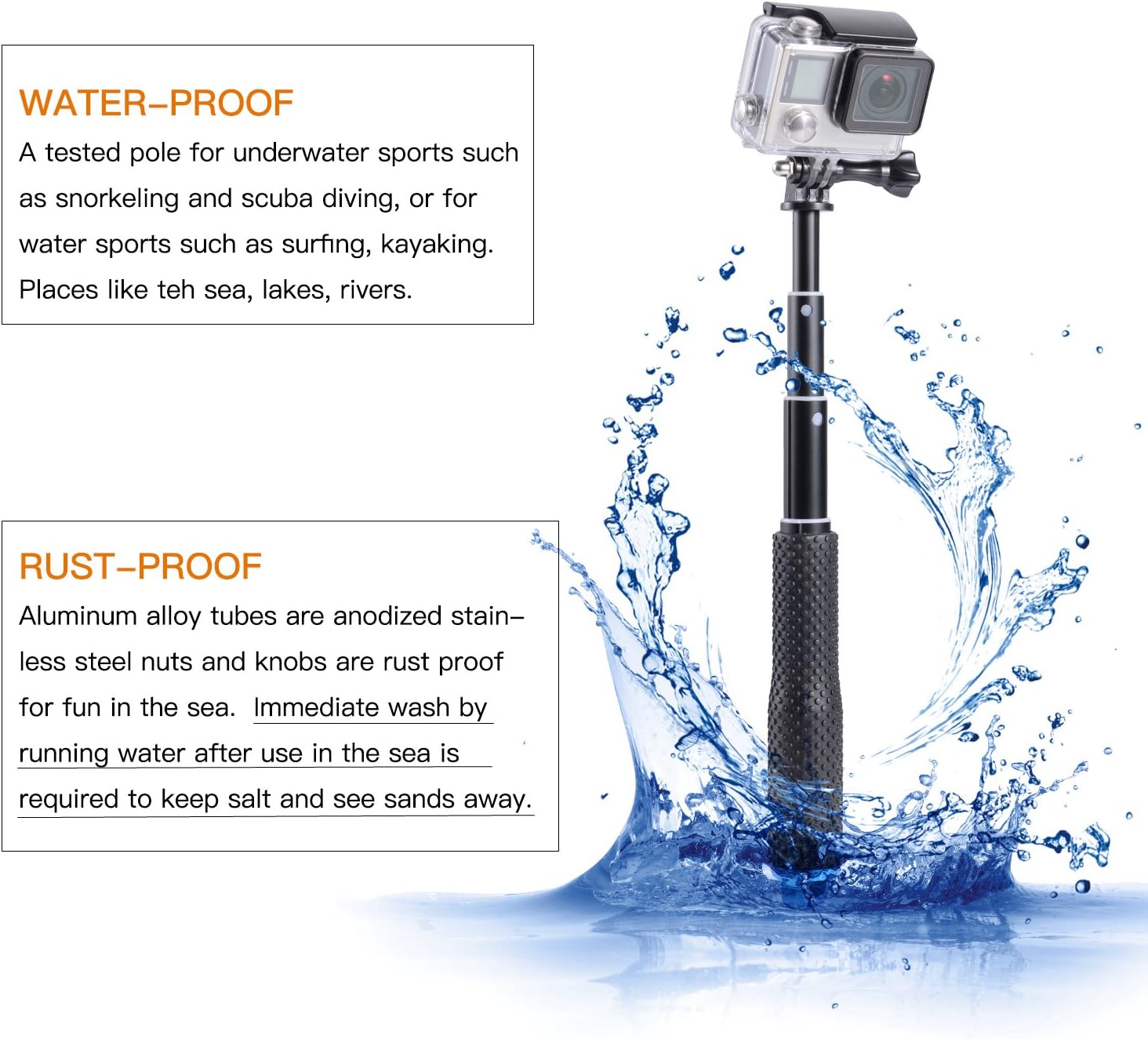 Trehapuva Selfie Stick, 19” Waterproof Hand Grip Adjustable Extension Monopod Pole Compatible With GoPro Hero(2018) Hero 7 6 5 4 3+3 2 1 Session, AKASO, Xiaomi Yi,SJCAM SJ4000 SJ5000 SJ6000 More(Blue)