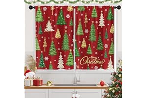 Arttown Christmas Kitchen Curtains, Xmas Trees Winter Snowflakes Red Short Window Drapes Set of 2, Holiday Window Treatment Tier Curtains for Kitchen Over Sink Dining Room Decor (26x36 Inch)