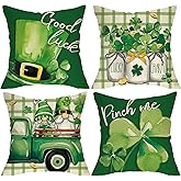 Fjfz St Patricks Day Decorative Throw Pillow Covers 18 x 18 Set of 4, Good Luck Top Hat Shamrock Clover Porch Outdoor Home Decor, Irish Spring Truck Gnome Mason Jar Plaid Sofa Couch Cushion Case