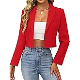 ELLEVEN Women’s Cropped Blazer Business Casual Open Front Long Sleeve One Button Jacket