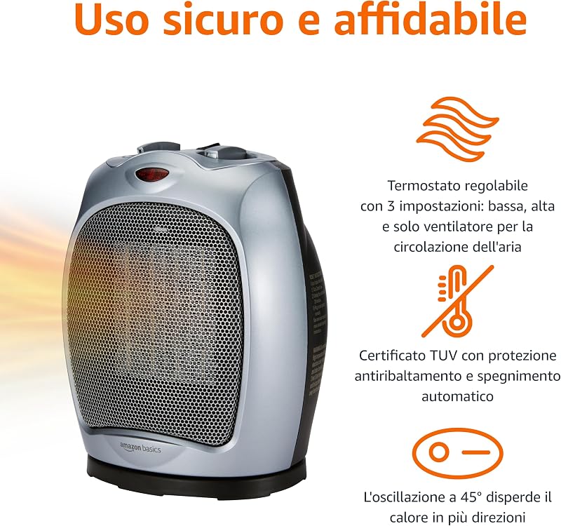 Termoventilatore oscillante in ceramica da 1800 Watt con termostato regolabile - Argento