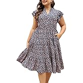 Keluummi Plus Size Wedding Guest Midi Dresses for Curvy Women, Summer Casual Floral Short Sleeve A Line Sundress with Pockets