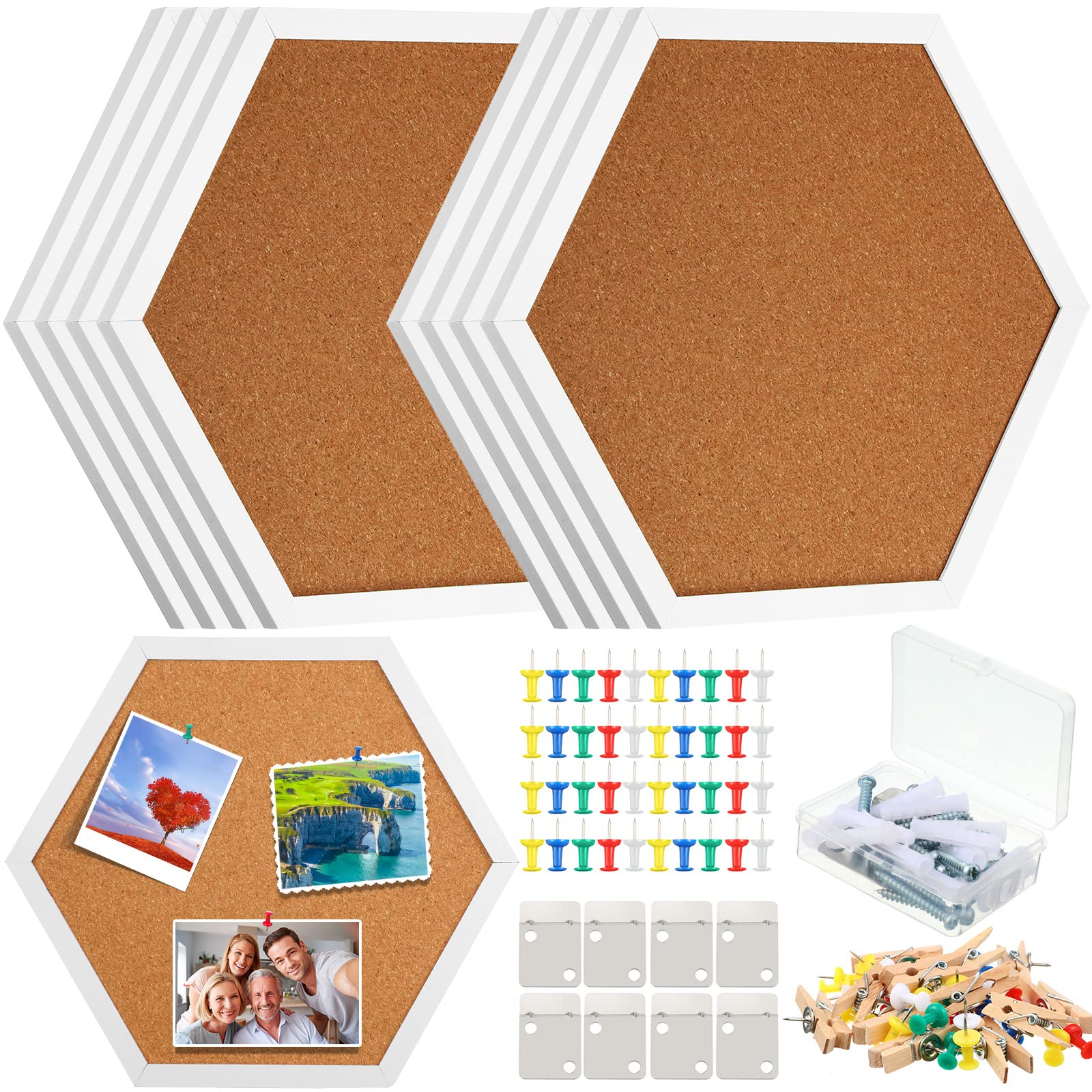 Photo 1 of Treela 8 Packs Cork Bulletin Board with Frame, Decorative Linen Bulletin Cork Board Small Push Pin with 32 Push Pin 16 Clips for Office Welcome Back to School Wall Home Supplies(White,Hexagon)