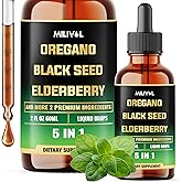 MILIVOL 5in1 Oregano Oil Liquid Drops with Black Seed, Elderberry, Garlic, Olive Leaf - Wellness Support Supplement - 2 Fl Oz