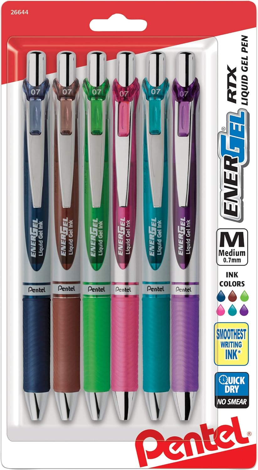 Pentel Gel Ink Pen, EnerGel RTX Retractable (0.7mm) Medium Point, Assorted Gel Ink Colors,12 Pk (BL77BP12M): Office Products