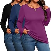 Evervibe 3 Pack Women's Plus Size Cotton Shirts, Scoop Neck Long Sleeve Casual Tops Form Fitting Knitted T-Shirts Blouses