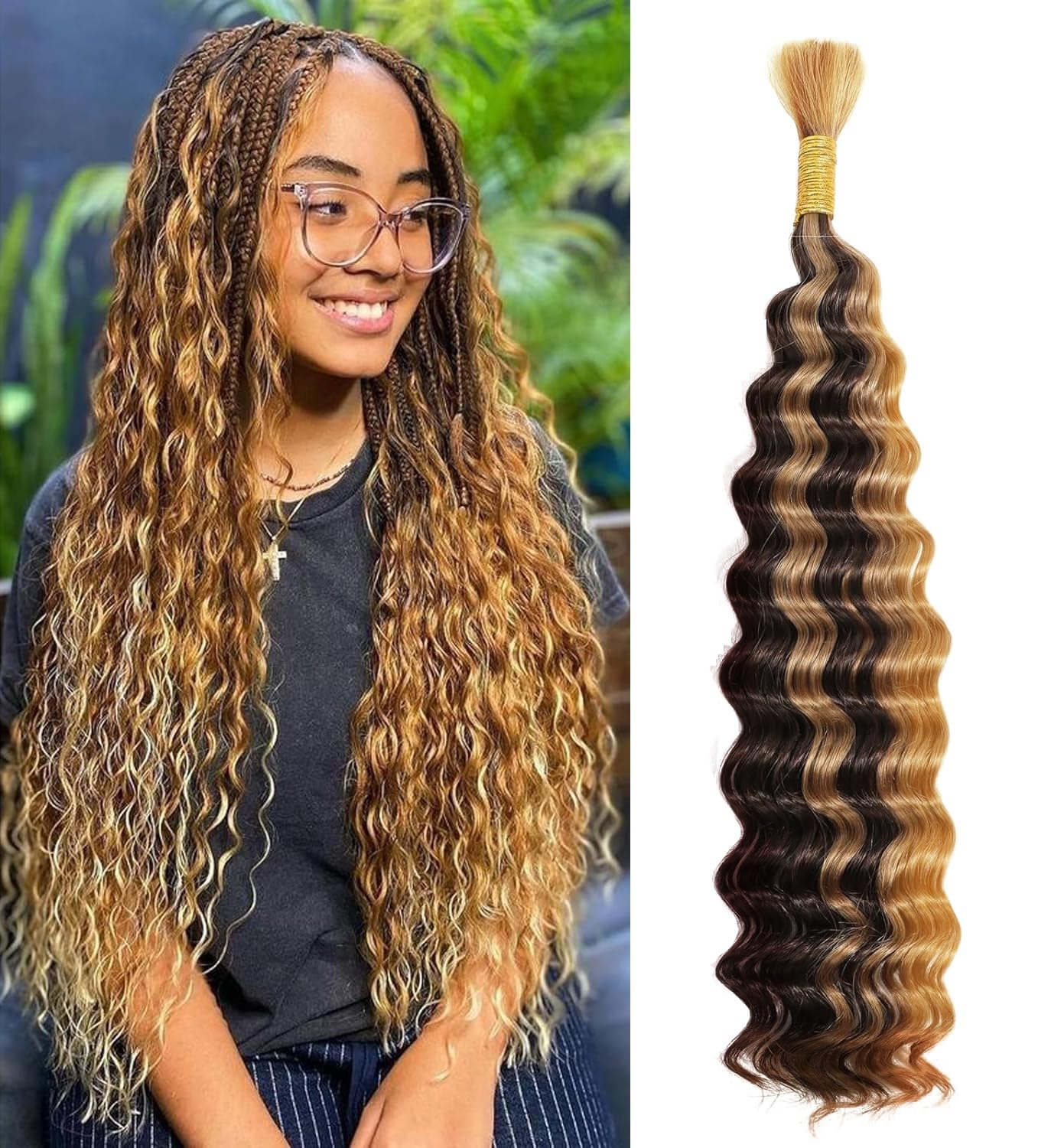 Ombre Braiding Hair 50g 18 Inch Deep Water Wave 1 Bundle Bulk Human Hair for Braiding 10A Brazilian Virgin Highlight Curly Hair Extensions for Boho Braids Wet and Wavy Honey Blonde Braiding Hair