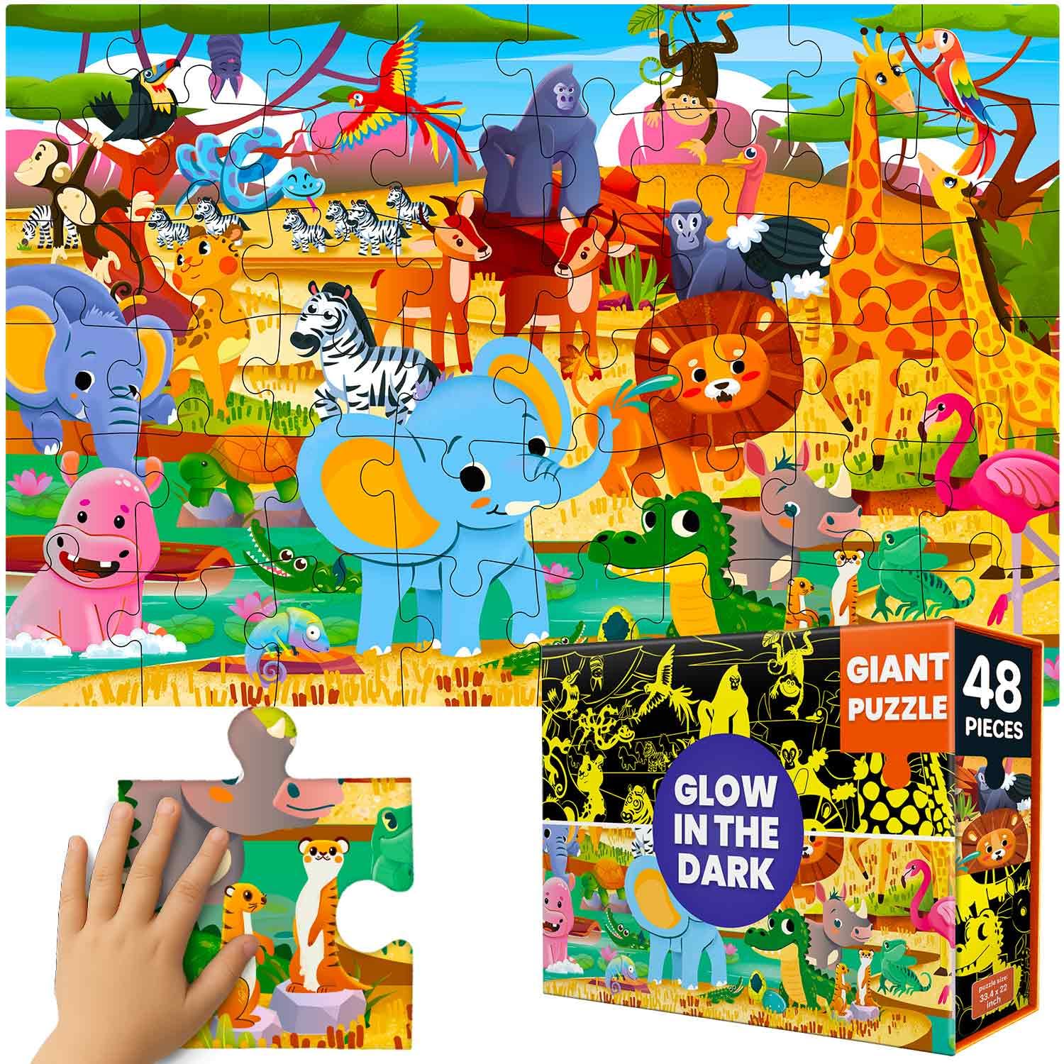QUOKKA Floor Puzzles For 3 4 Year Olds - 48 Large Pieces Jigsaw Puzzles For Kids - Glow in The Dark Jigsaws For Children Age 4 5 - African Animal Safari Scene - Fun Learning Game Toy with Gift Box — image 1
