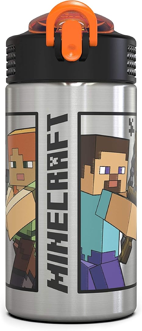 Amazon Com Zak Designs Minecraft Stainless Steel Water Bottle With One Hand Operation Action Lid And Built In Carrying Loop Kids Water Bottle With Straw Spout Is Perfect For Kids 15 5 Oz 18 8