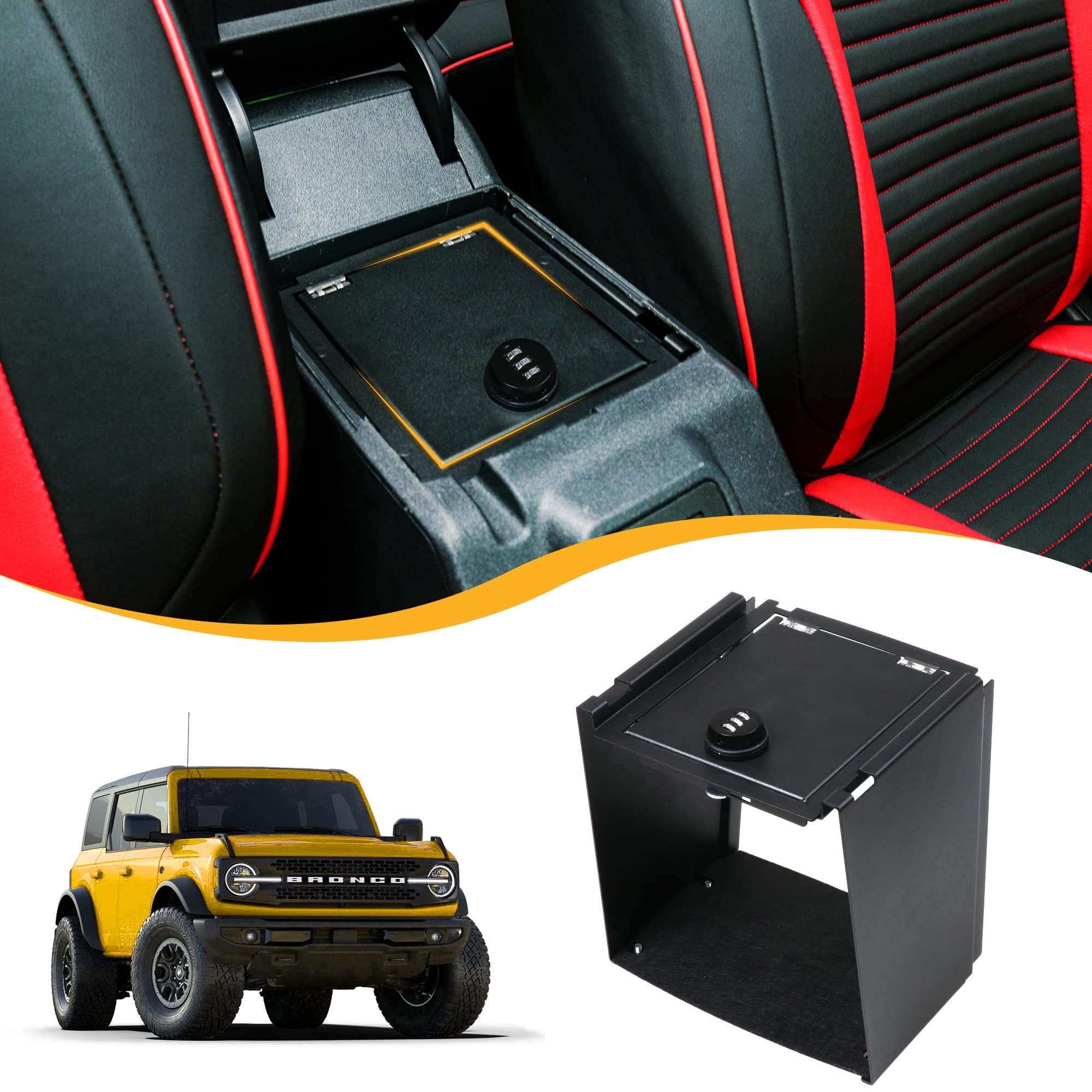 Photo 1 of RERPRO Center Console Lock Safe Box Armrest Storage Compatible with 2021 2022 2023 2024 2025 New Ford Bronco 2/4 Door Interior Accessories Armrest Vault Organizer Tray, 3 Digit Combo Password Black