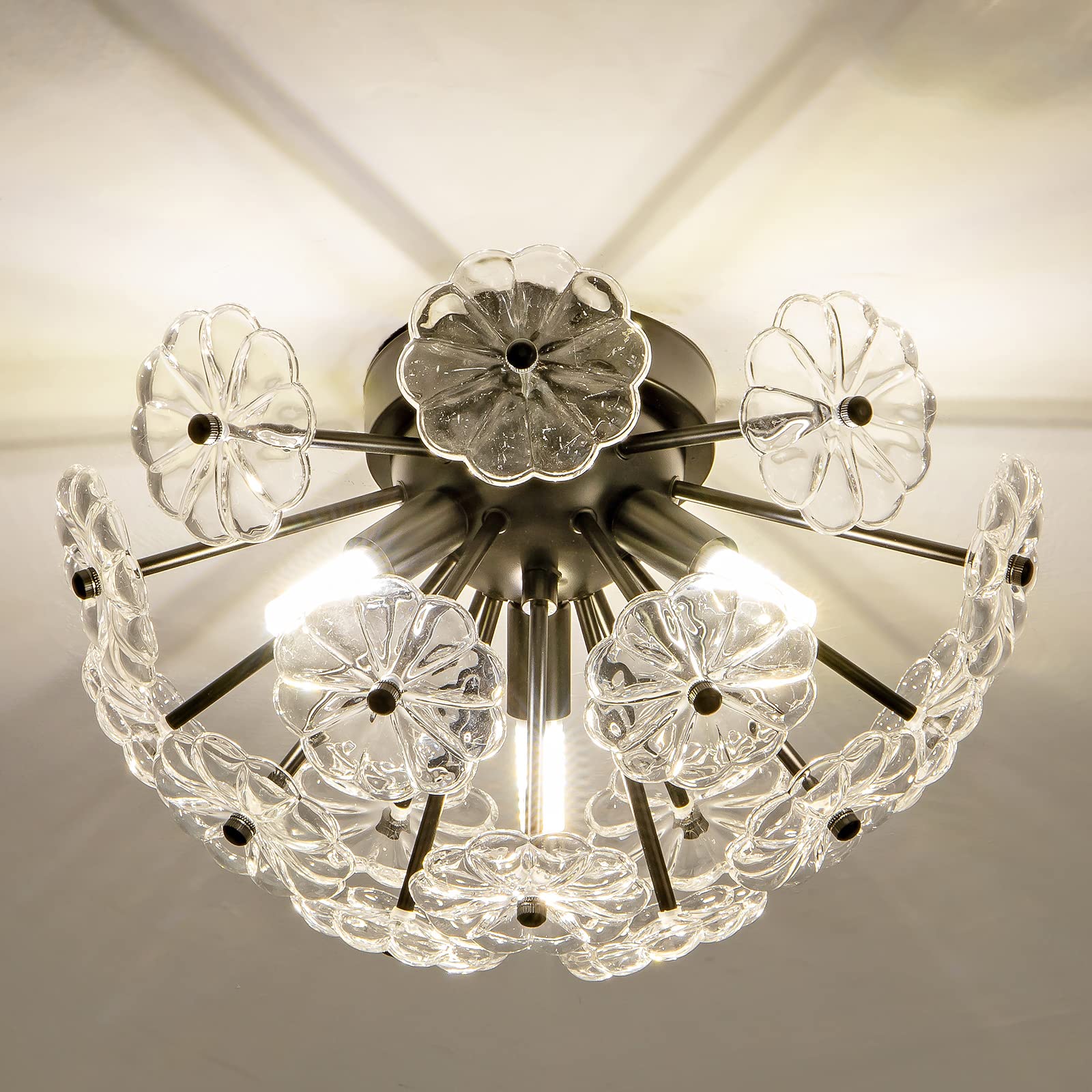 Photo 1 of Semi Flush Mount Ceiling Light, Black Metal Flower Ceiling Light Fixtures, 3-Light Farmhouse Close to Ceiling Lamp Fixture for Bedroom Closet Kitchen Living Room Hallway(Dia 13.8")