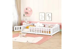 ROCKINGRUN Full Size Montessori Floor Bed Frame with Safety Fence & Convertible Door, Toddler Playhouse Floor Bed with Sturdy Soild Wood Slats Guardrails for Girls, Boys, Child Bedroom, Kids Playroom (White)