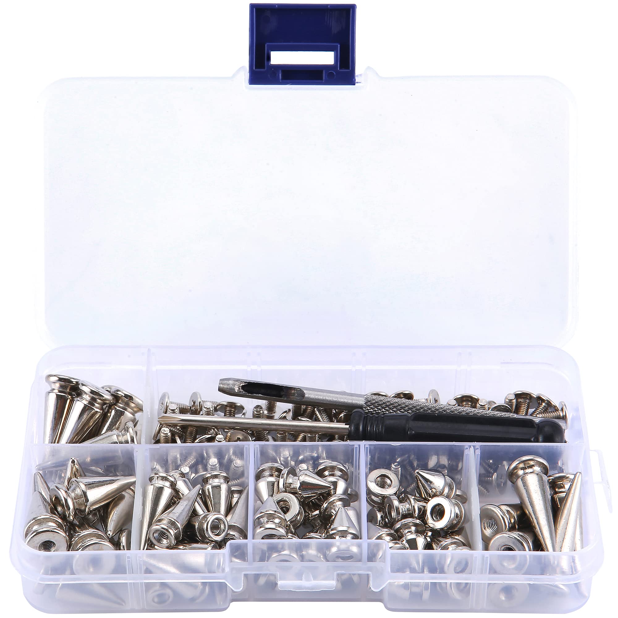 YORANYO 70 Sets Mixed Shape Spikes and Studs Assorted Sizes for Clothing - Silver Color Screw Back Bullet Tree Rivet for Leather Craft, Shoes, Belts, Bags, Dog Collars