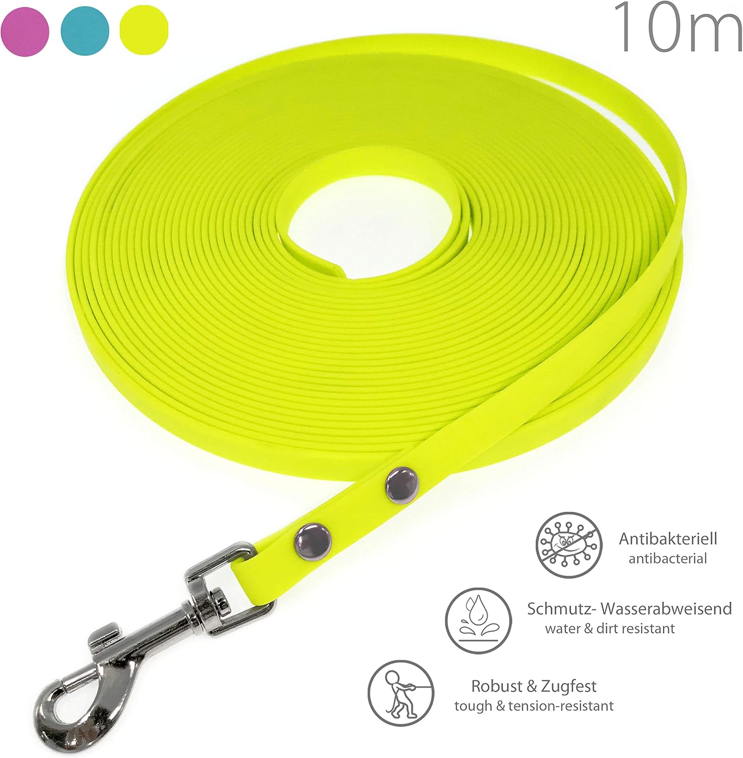 10m drag lead, dog lead, 1 carabiner, neon yellow, extra narrow, dirt and water repellent, 10 m, Para Perros Pequeños