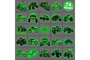 CHARLENT Glow in The Dark Monster Truck Temporary Tattoos for Kids Party Supplies - 74 Individually Sheets Luminous Monster Truck Tattoos for Boys Birthday Party Favors Goodie Bag Fillers