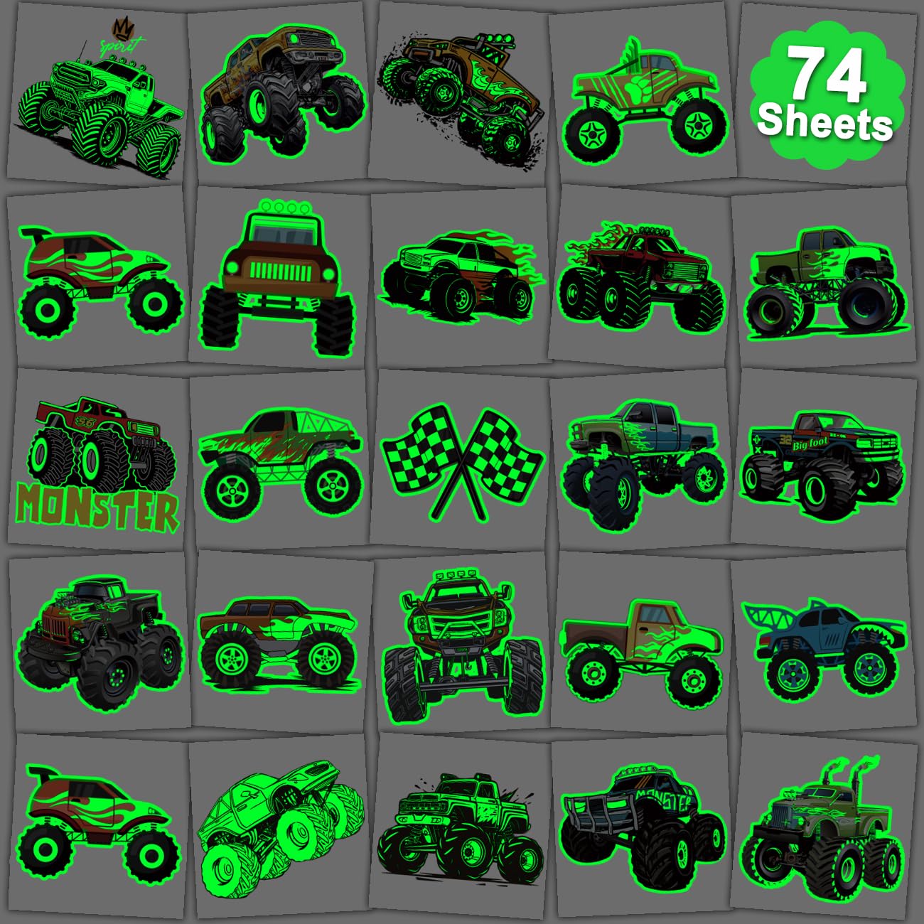 Photo 1 of CHARLENT Glow in The Dark Monster Truck Temporary Tattoos for Kids Party Supplies - 74 Individually Sheets Luminous Monster Truck Tattoos for Boys Birthday Party Favors Goodie Bag Fillers