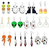 12 Pairs Halloween Dangle Earrings Set for Women Cute Ghost Alien Pumpkin Cat Cow Sweet Candy Flame Earrings Lightweight Funny Spooky Jewelry Gifts