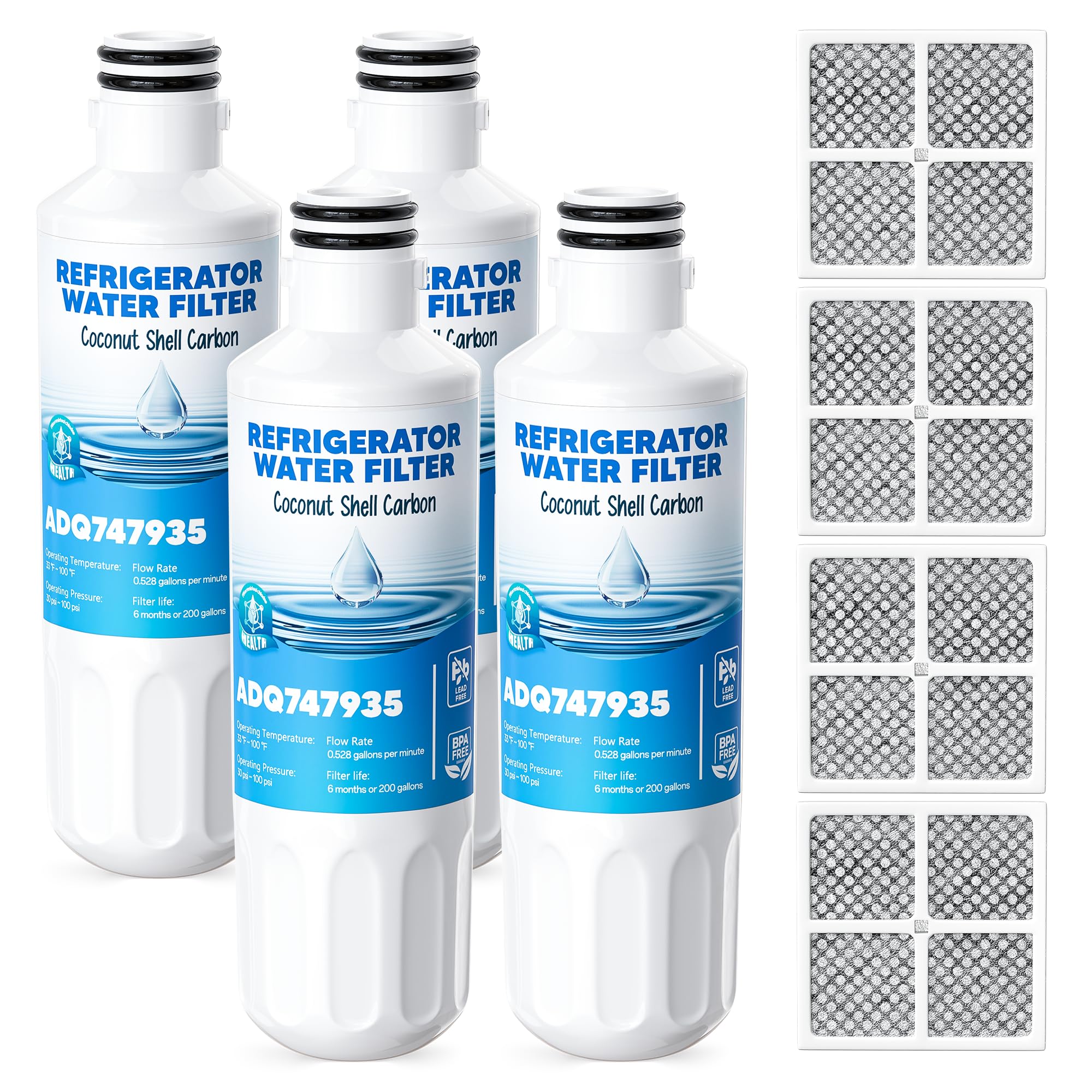 Photo 1 of *** NO WATER FILTERS***   LT1000P Water Filter Replacement Fit for L-G Lt1000P/PC/PCS Compatible with L-G Models ADQ747935, ADQ74793501/02, MDJ64844601, LMXS30796S Water Filters with ADQ73334008 Air Filter, 4 Combo By AVXBYR