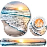 Wiabsi Mouse Pad and Keyboard Wrist Rest Support,Ergonomic Mouse Pad Set | Mousepad With Coaster and Non-Slip PU Base,Pain Relief for Desk Desktop Gaming, Computer,Office -Beach