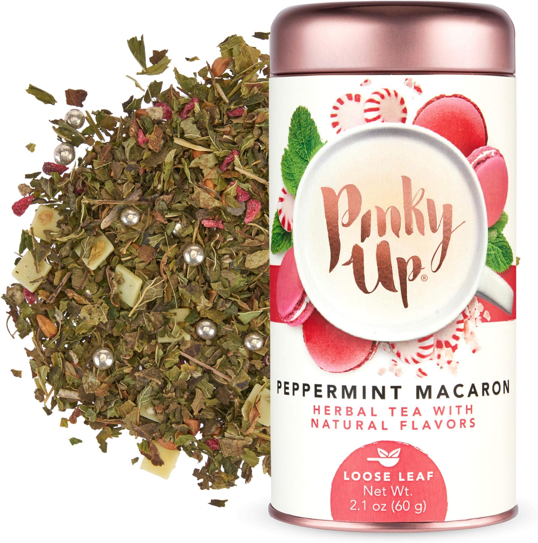 Pinky Up Peppermint Macaron Loose Leaf Tea Herbal Tea, Caffeine Free, Naturally Low Calorie & Gluten Free 2.1 Ounce Tin, 25 Servings
