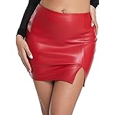 EG CHRIS G Women's Black Leather Skirts High Waisted High Side Slit Bodycon Mini Skirts