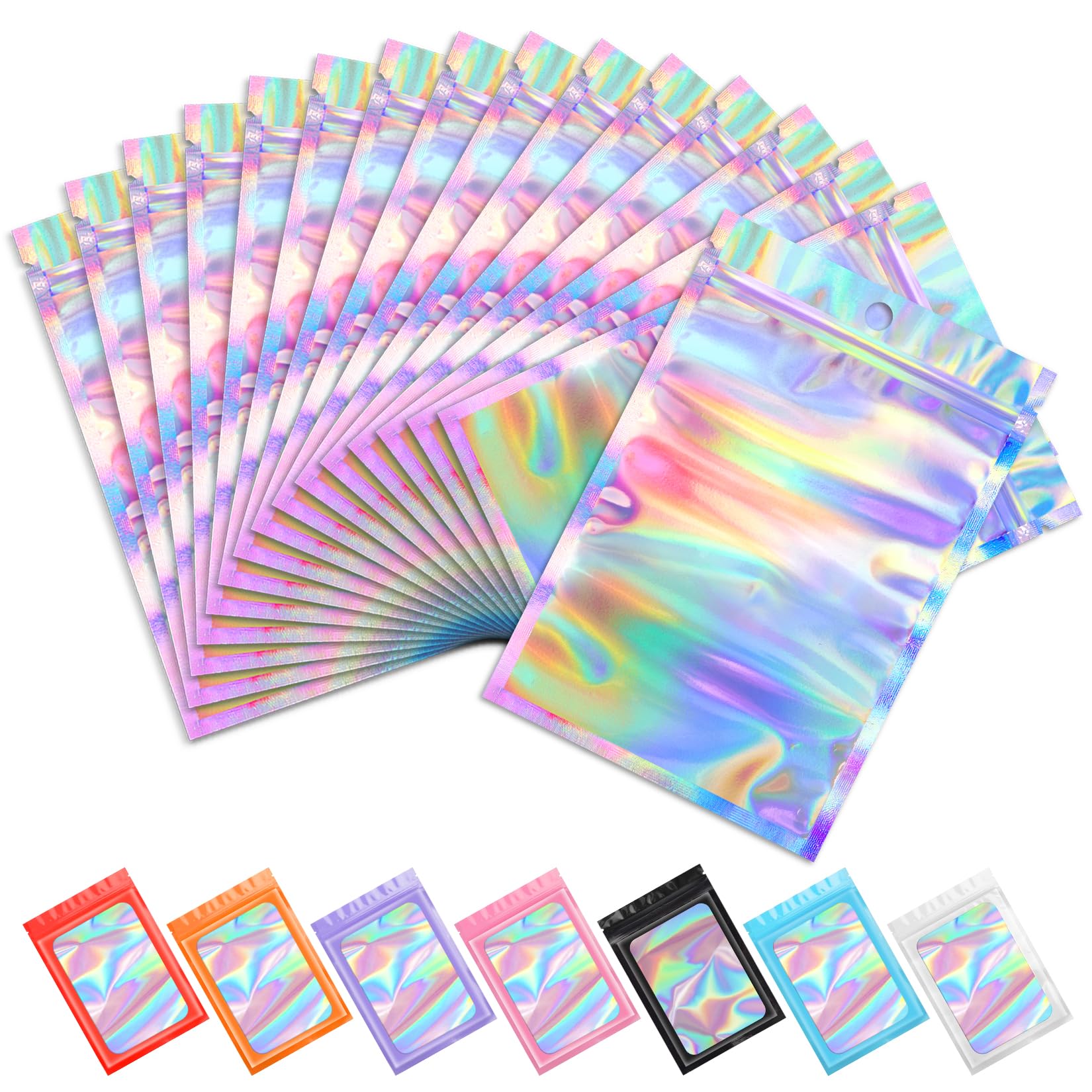 Photo 1 of Funfery 100 pc Mylar Holographic Bags Packaging Bags,2.4x3.9in Clear Resealable Smell Proof Bag Foil Pouch Bag for Party Favor,Food Storage Baggies Packaging for Small Business