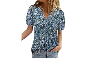 ROSELINLIN Womens Short Sleeve Shirts Loose Summer Floral Tunic Tops