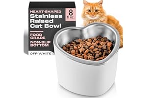 OCM Raised Cat Bowl – 8Oz Heart Shaped Bowl for Cats, Small Dogs – Elevated Cat Bowls Promote Digestion, Swallowing – Non-Slip Dishwasher Safe Cat Food Bowls – Food Grade Stainless Steel (Off White)