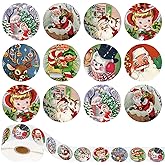 Whaline 1000Pcs Christmas Roll Stickers 1.5Inch Vintage Patterns Round Sticker in Roll Rustic Santa Claus Elk Snowman Elf Printed Label Paper Stickers for Xmas Seals Cards Presents Envelope, 8 Designs
