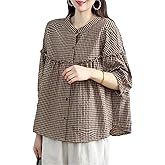 Lingjiazi Women's Plaid 3/4 Sleeve Button Down Shirts Gingham Checkered Crew Neck Tunic Tops Blouses