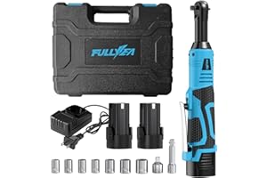 FULLYEA 3/8" Cordless Ratchet Wrench Set, 40 Ft-lbs, 550 RPM, 16.8V Electric Ratchet, Extended Power Ratchet Tool Kit with Variable Speed, 2 * 2.0Ah Battery, 1/4" Adapter & 3" Extension Bar(Blue)