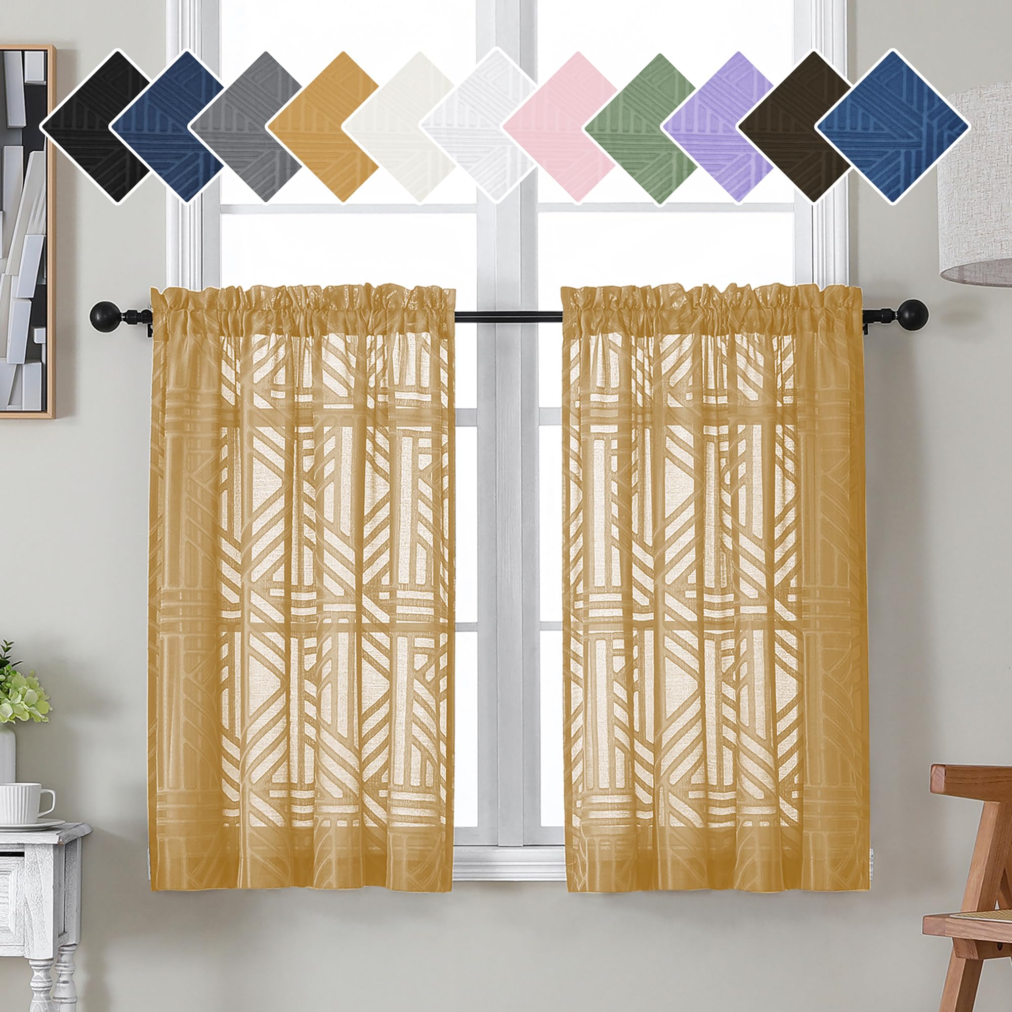 Photo 1 of Simplebrand Gold Sheer Kitchen Tier Curtains, 36 Inch Length, 2 Panels, Light Filtering Geometric Jacquard Clip Textured Semi Sheer Curtains for Bathroom, 42x36 inch