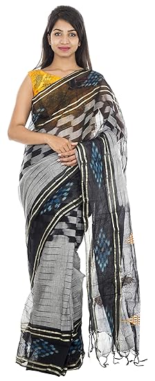 Handlomm Cotton Saree in Gey and Black Womens Saree with Blouse Piece (Free Size)