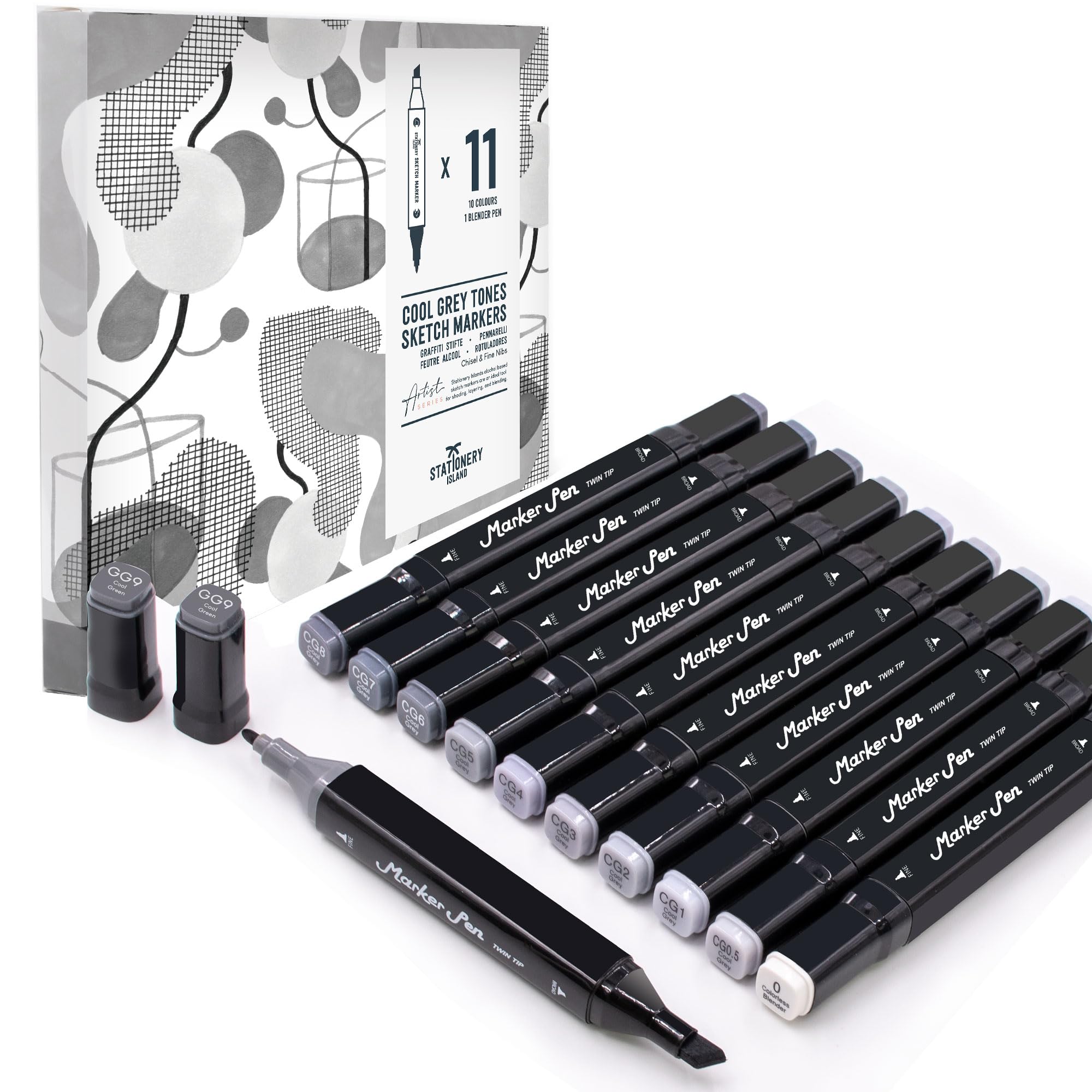 STATIONERY ISLAND Cool Grey Sketch Markers - Set of 11 - Carry Case - Alcohol Based Blendable Dual Tip Colouring Pens - for Drawing, Graphic Design, Illustration, Comic, Anime and Manga Art