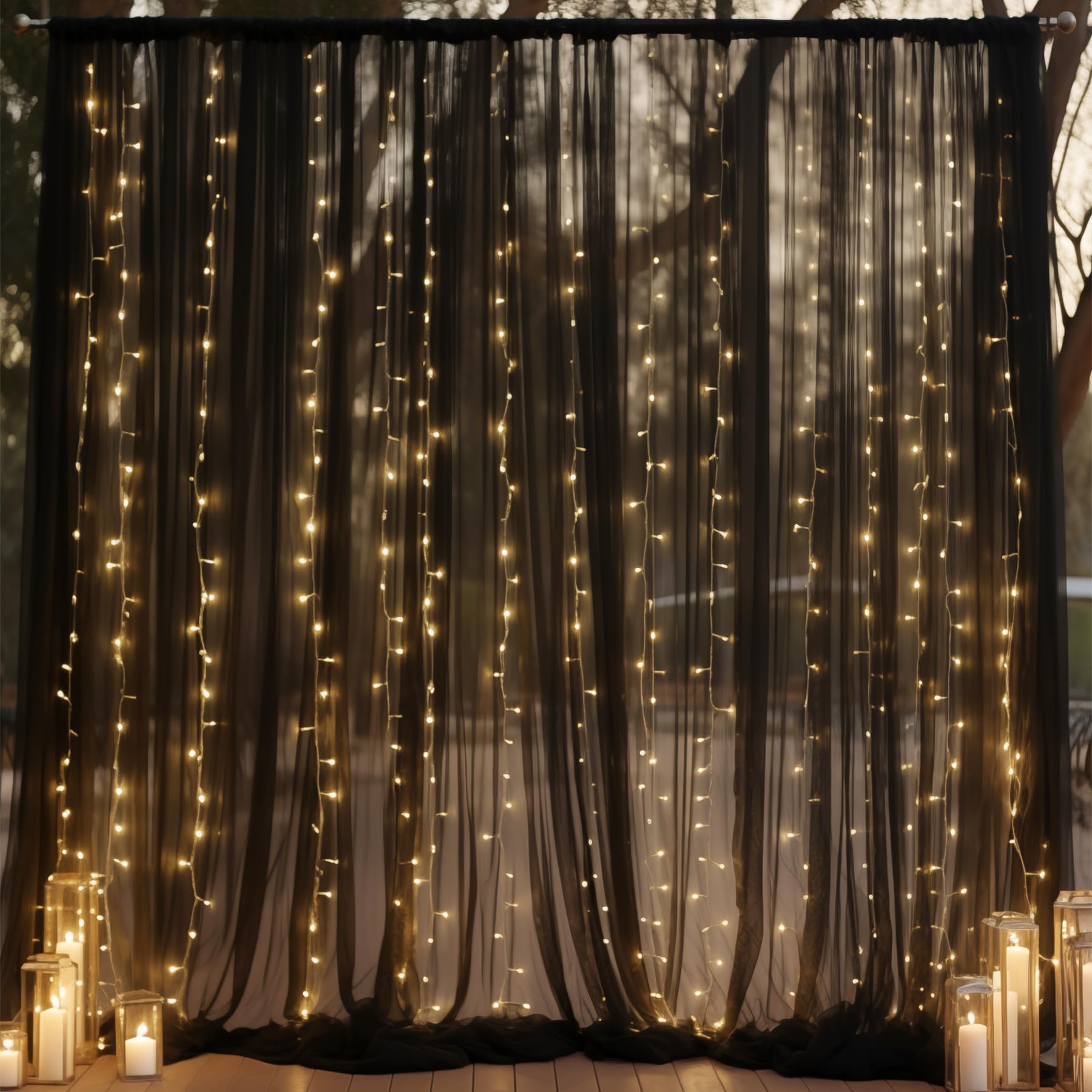 Photo 1 of 10ft x 10ft Black Backdrop Curtain with Lights String for Parties, Sheer Tulle Wedding Photo Backdrops Drapes for Baby Shower Birthday Party Decorations Background for Photography