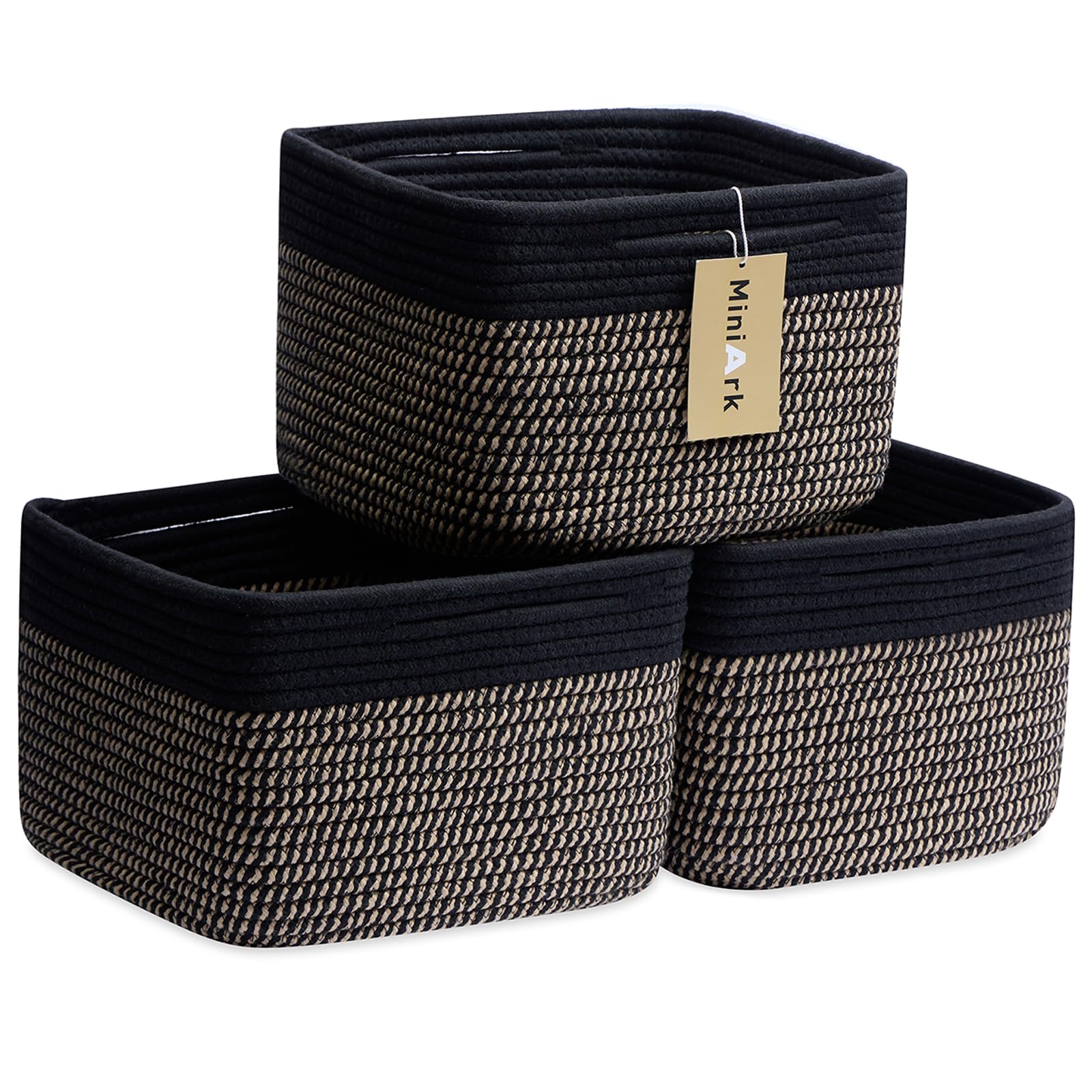 Photo 1 of MiniArk Small Organizing Baskets for Cubes Shelf, 9.7x9.7x7.1 Inch Rope Woven Storage Bins for Nursery Shelves Storage, Cute Toy Basket, Square 3 Packs Black Brown