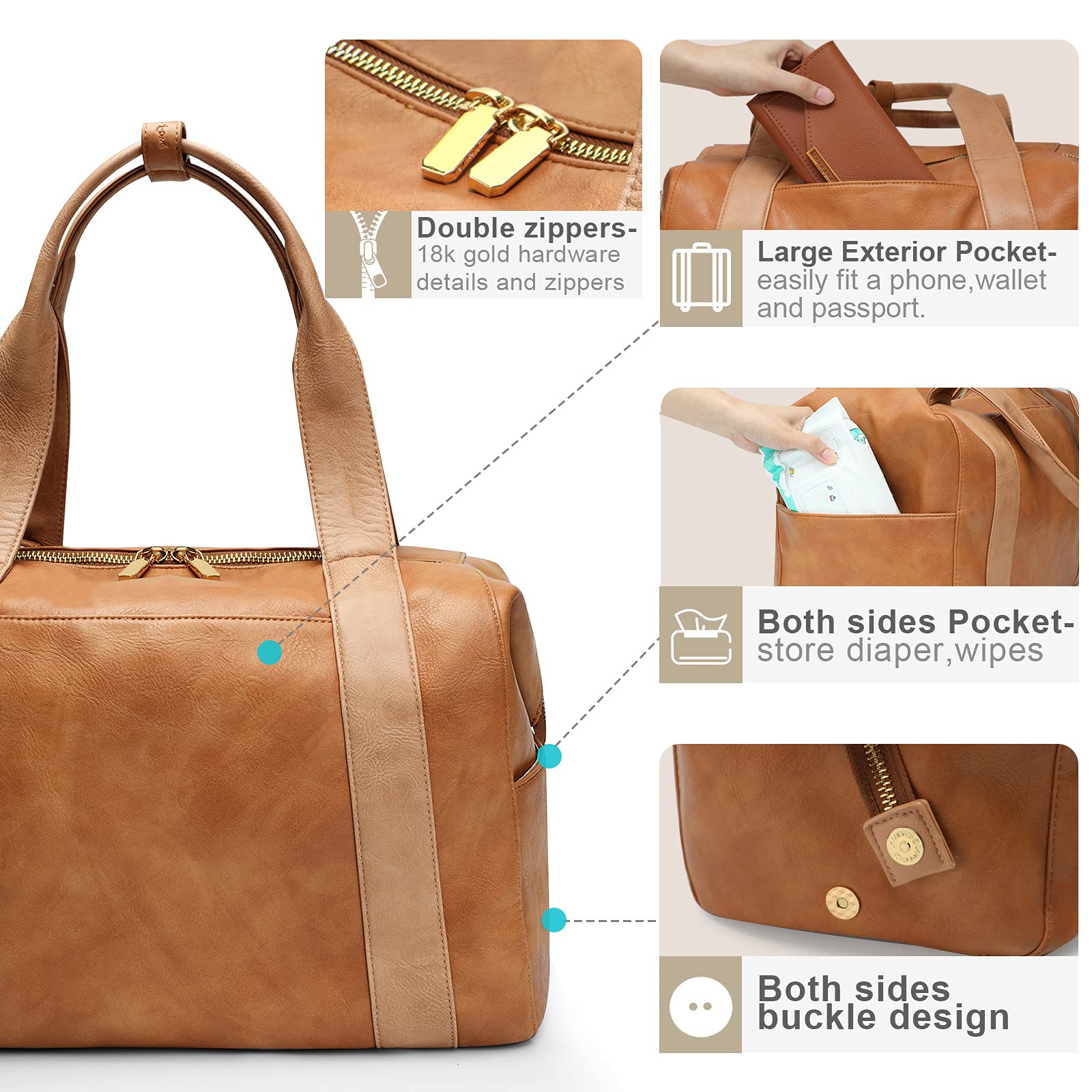 miss fong Diaper Bag Tote, Baby Bag,Leather Diaper Bag,Baby Tote Bag with 9 Pockets,Large Mommy Bag with Small Purse and Shoulder Strap,3 Insulated Pockets-Brown