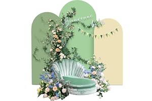 RAFOFO Set of 3 Arch Backdrop Cover Sage Green Ensemble with Party Banner - Spandex Fitted Wedding Backdrop Covers 6ft,6.6ft,7.2ft for Chiara Backdrop Stand Set. Arch Stand Cover for Wedding Birthday Baby