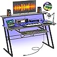 Armocity Music Studio Desk with Power Outlets and RGB LED Lights, Production Workstation for Recording, Grey Oak