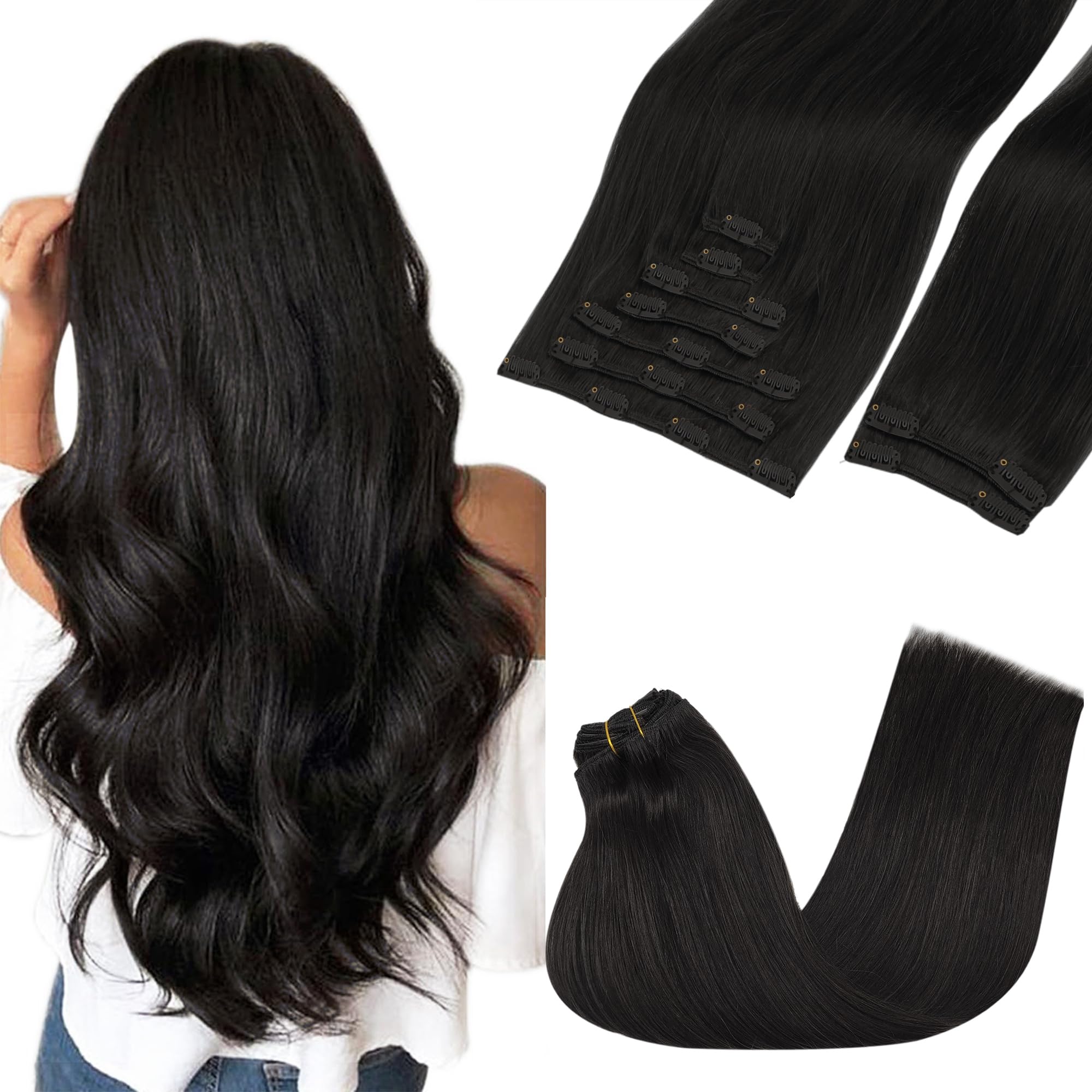 Photo 1 of *1 EXTENSION ONLY* GOO GOO Clip in Hair Extensions Real Human Hair, Remy Human Hair Extensions Clip ins for Women, Natural Human Hair, 22inch 150g 1Pc, 1B Natural black