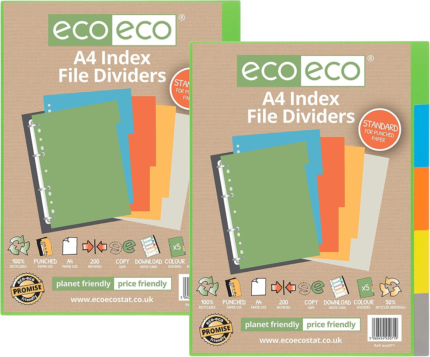 eco-eco A4 50% Recycled Multipunched Reinforced Colour Set 5 Subject Index File Dividers 200mic (Pack of 2)
