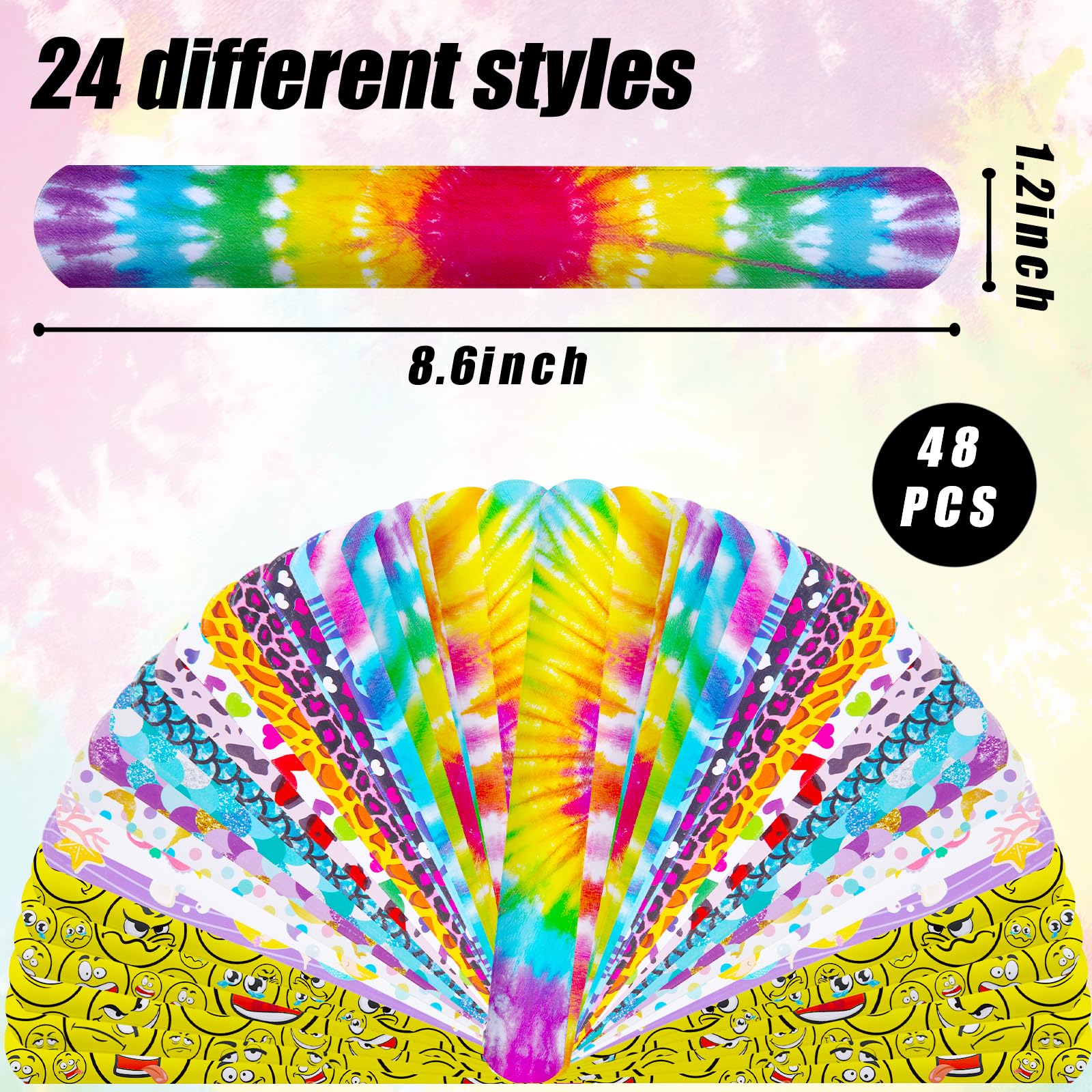 AMOR PRESENT Slap Bracelets Bulk, 48PCS Snap Bracelets for Kids Tie Dye Wrist Band Mermaid Sports for Party Favors Carnival Prizes Goodie Bags Groove Party
