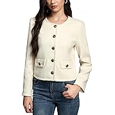 M.Infisavo Womens Cropped Tweed Jackets with Pockets, Collarless Shackets Casual Outerwear Golden Button Down Vintage Blazer