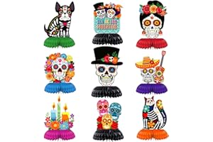 ADDUSTER Day of The Dead Decorations 9 Pieces Dia De Los Muertos Honeycomb Table Toppers Cutouts Sugar Skull Flowers Centerpieces Day of the Dead Decor Mexican Party Supplies