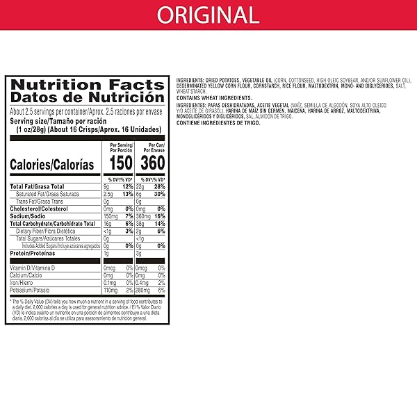 PRINGLES POTATO CRISPS CHIPS, LUNCH SNACKS, OFFICE AND KIDS SNACKS, GRAB N’ GO, ORIGINAL (12 CANS)