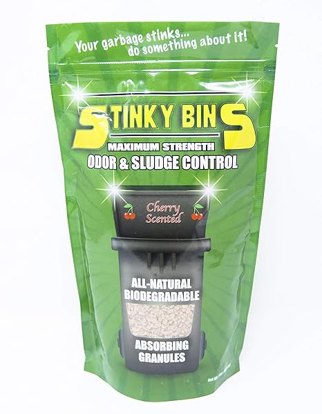 STINKY BINS GARBAGE ODOR ELIMINATOR – CHERRY SCENTED ABSORBING GRANULES FOR TRASH BINS, DUMPSTERS, GARBAGE CANS, AND OUTDOOR WASTE – ALL-NATURAL SLUDGE CONTROL AND DEODORIZER – 24 OZ BAG