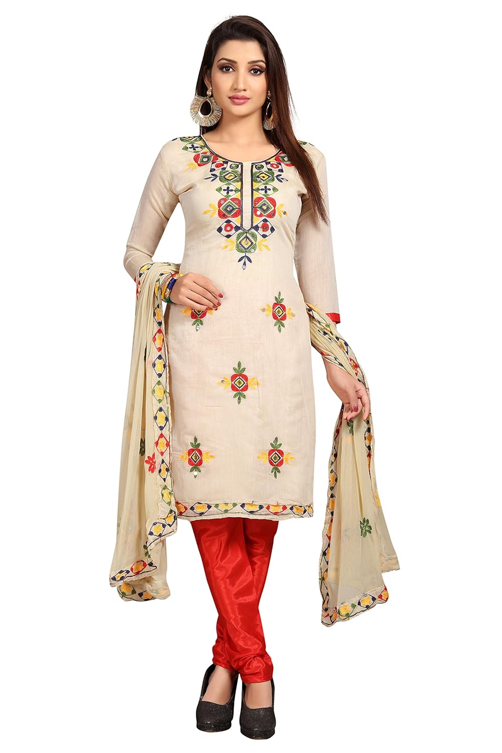 sretan women's chanderi embroidered cotton unstitched dress material, free size (off white cream)